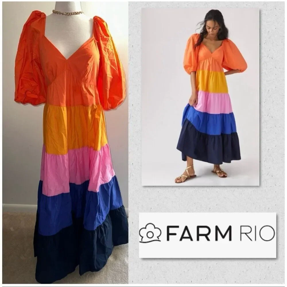 Anthropologie Farm Rio Size S Puff Sleeve Tiered Maxi Dress Colorblock Stripe - Picture 12 of 15